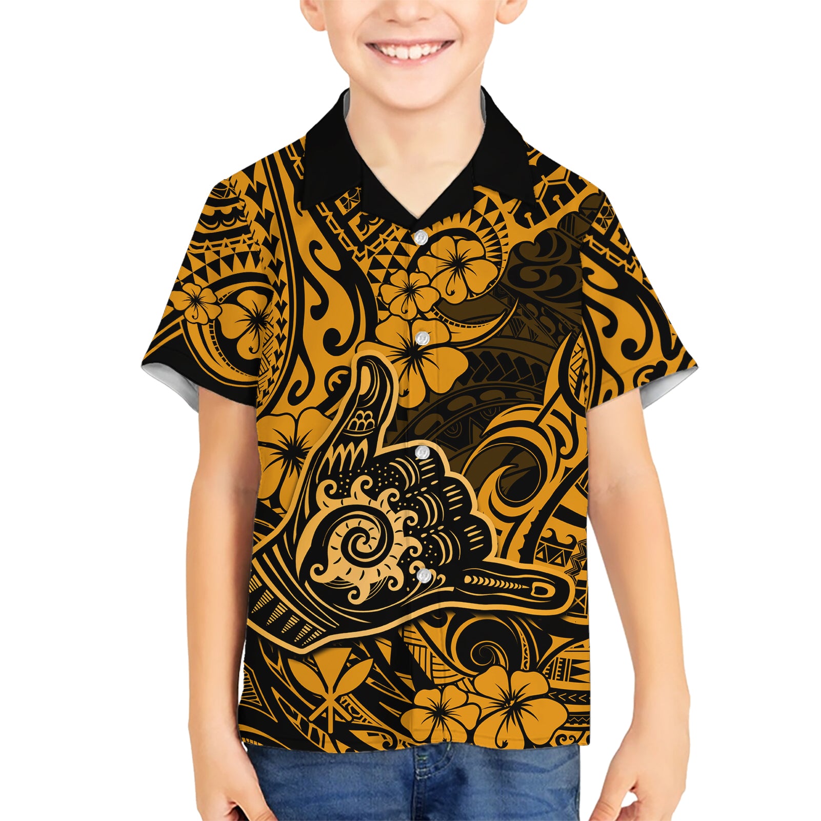 Hawaii Shaka Sign Kid Hawaiian Shirt With Polynesian Hibiscus Gold Unique - Wonder Print Shop