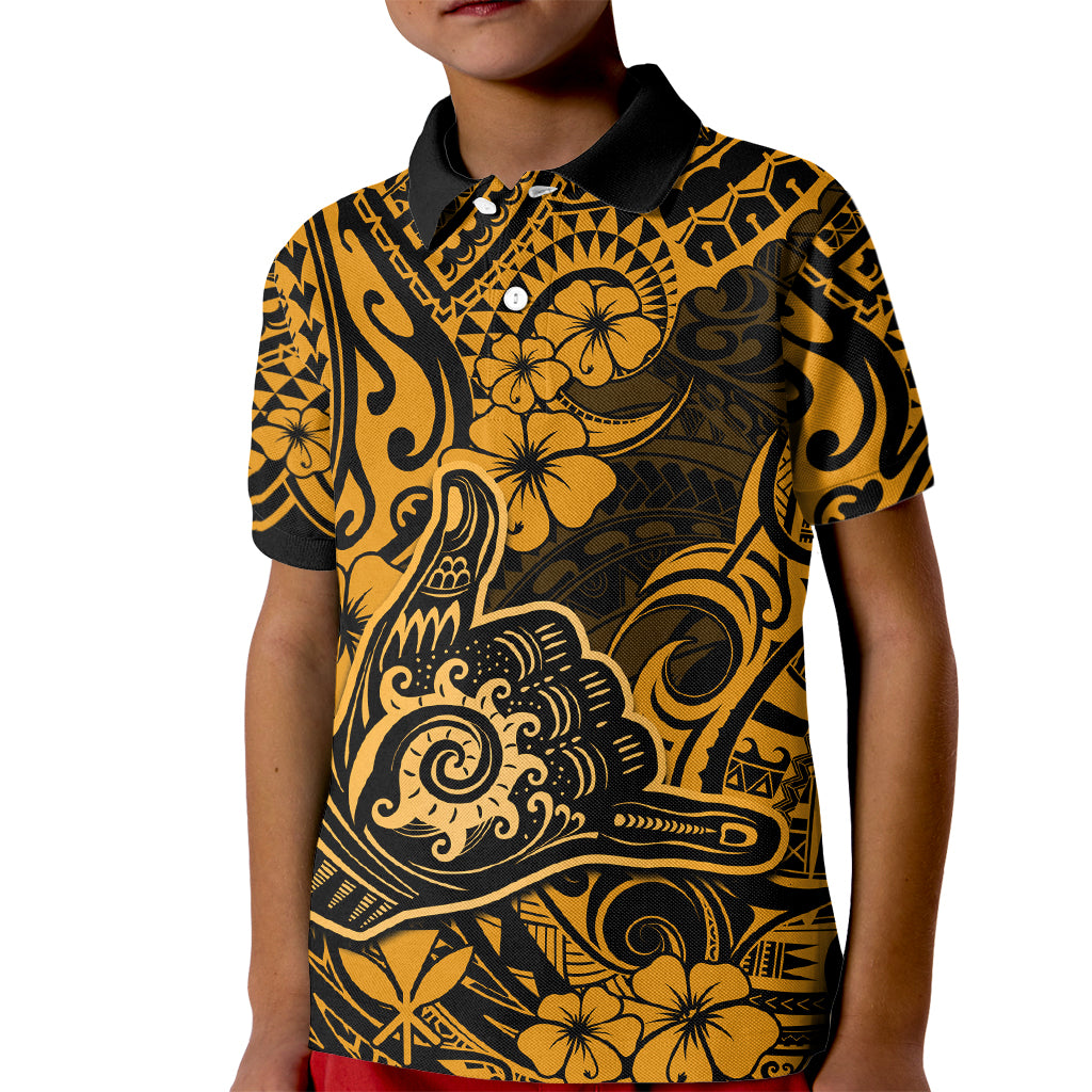 Hawaii Shaka Sign Kid Polo Shirt With Polynesian Hibiscus Gold Unique - Wonder Print Shop
