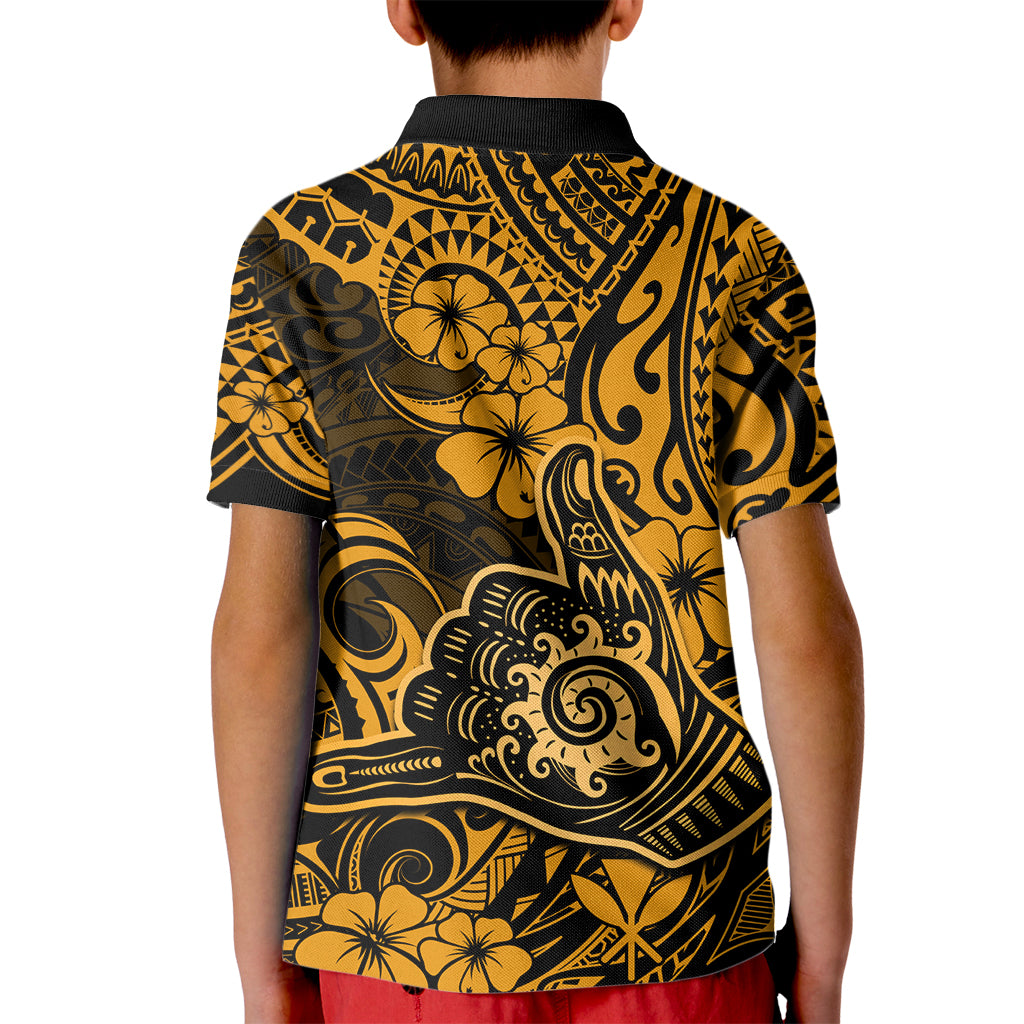 Hawaii Shaka Sign Kid Polo Shirt With Polynesian Hibiscus Gold Unique - Wonder Print Shop