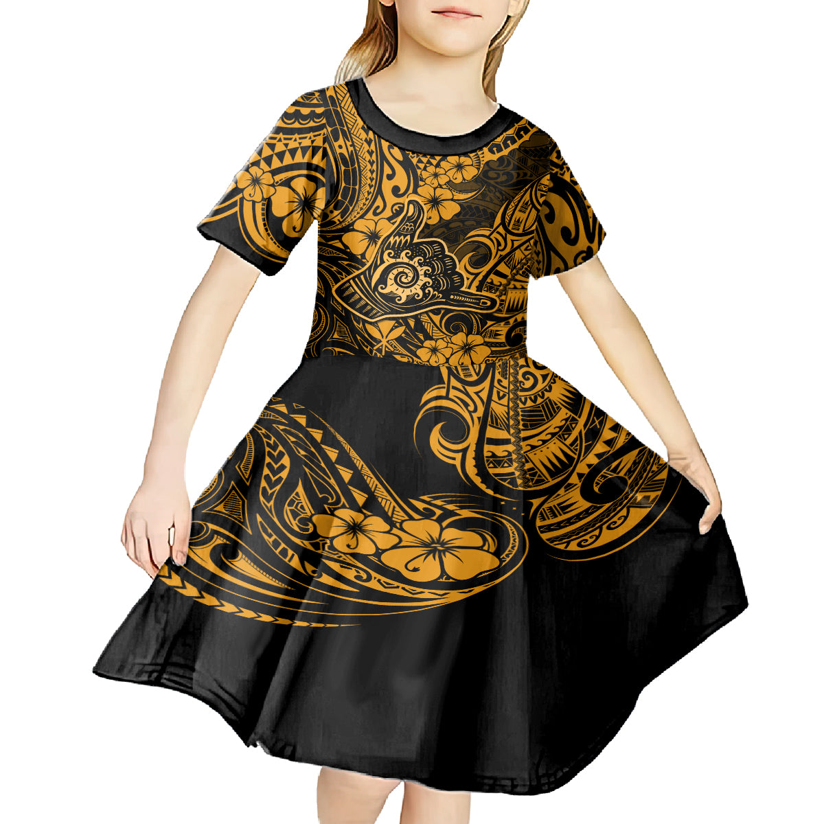 Hawaii Shaka Sign Kid Short Sleeve Dress With Polynesian Hibiscus Gold Unique - Wonder Print Shop