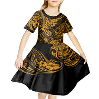 Hawaii Shaka Sign Kid Short Sleeve Dress With Polynesian Hibiscus Gold Unique - Wonder Print Shop