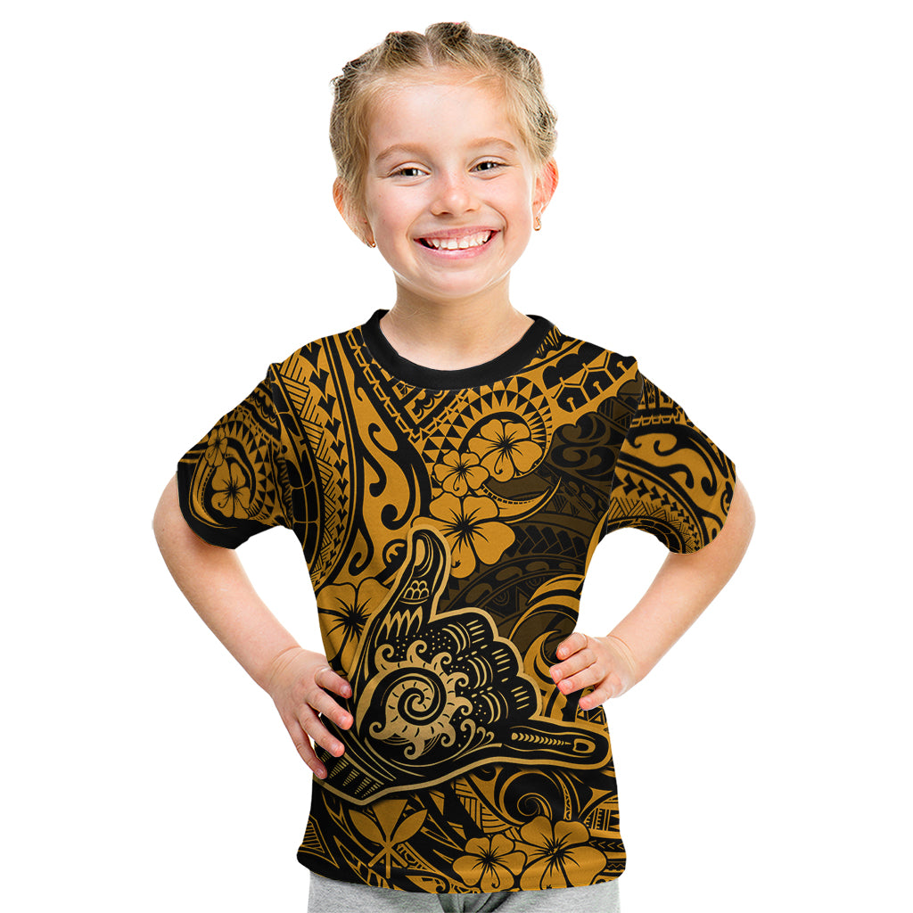 Hawaii Shaka Sign Kid T Shirt With Polynesian Hibiscus Gold Unique - Wonder Print Shop