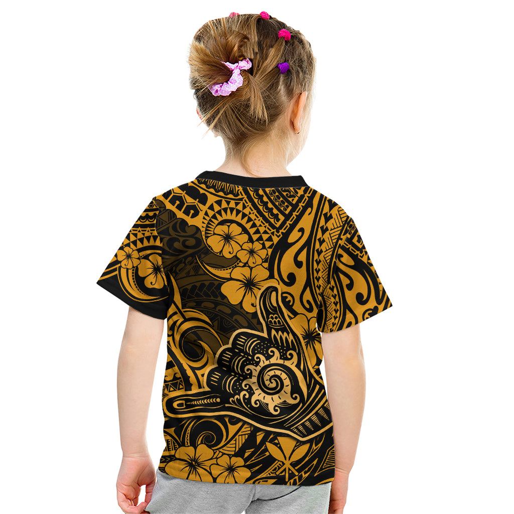 Hawaii Shaka Sign Kid T Shirt With Polynesian Hibiscus Gold Unique - Wonder Print Shop