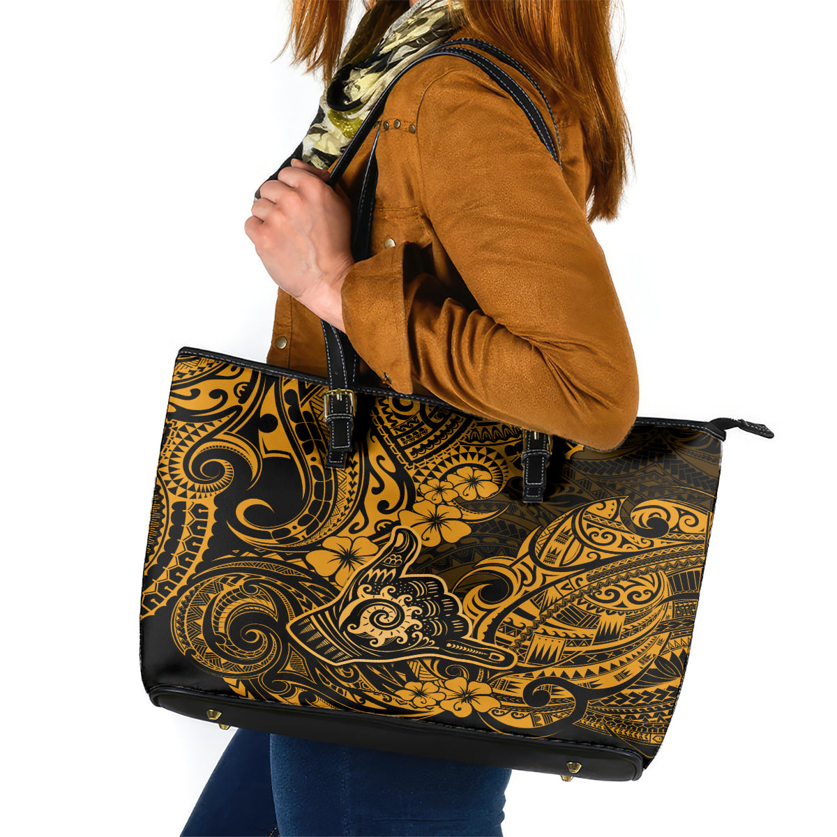 Hawaii Shaka Sign Leather Tote Bag With Polynesian Hibiscus Gold Unique - Wonder Print Shop