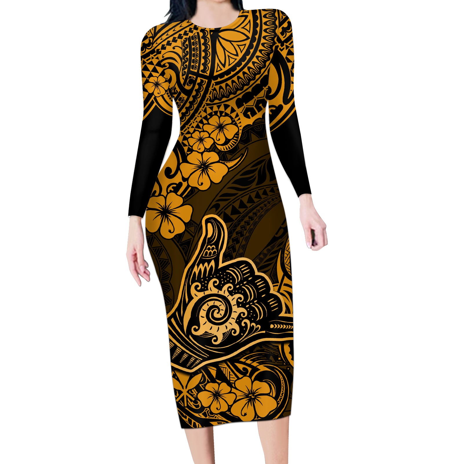 Hawaii Shaka Sign Long Sleeve Bodycon Dress With Polynesian Hibiscus Gold Unique - Wonder Print Shop