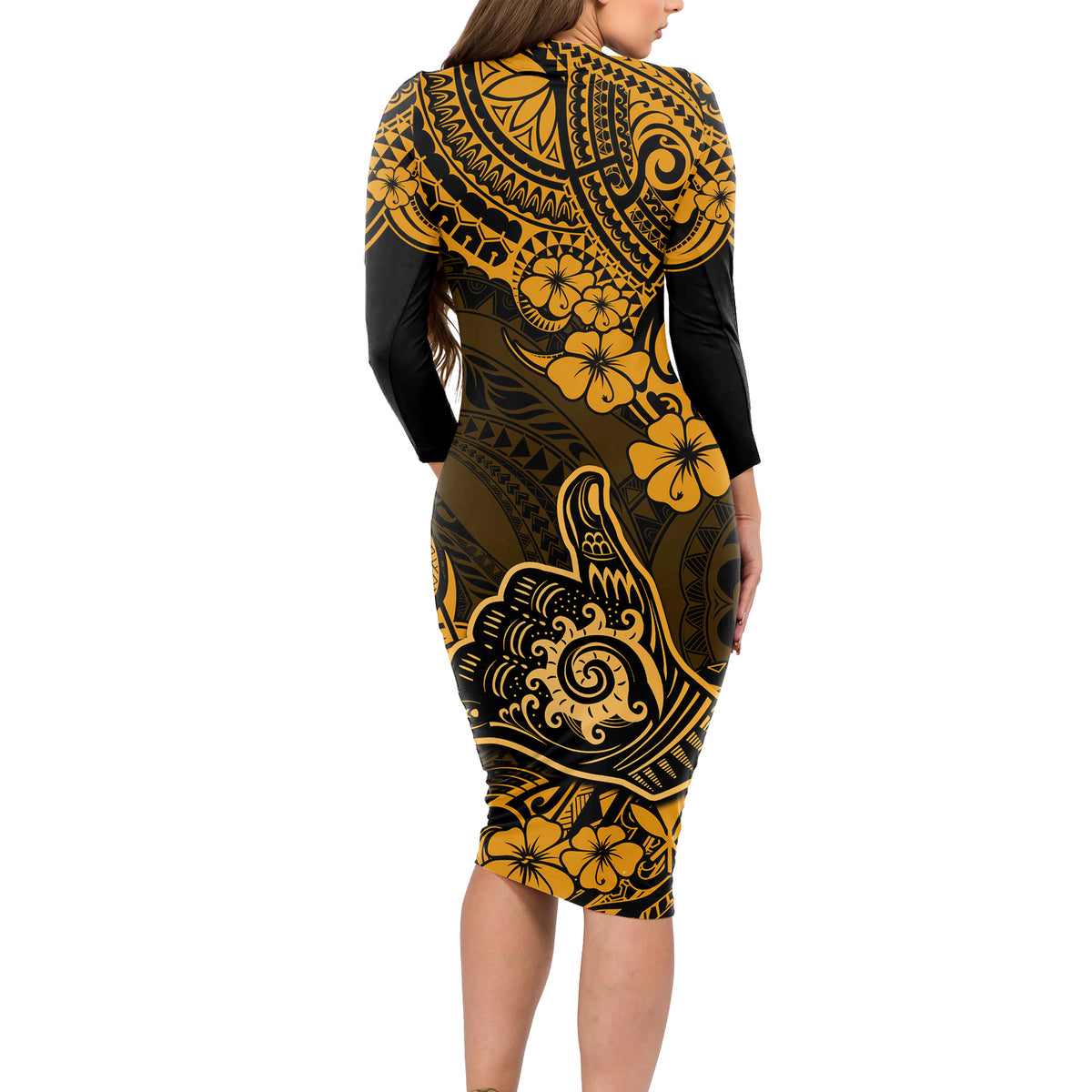 Hawaii Shaka Sign Long Sleeve Bodycon Dress With Polynesian Hibiscus Gold Unique - Wonder Print Shop
