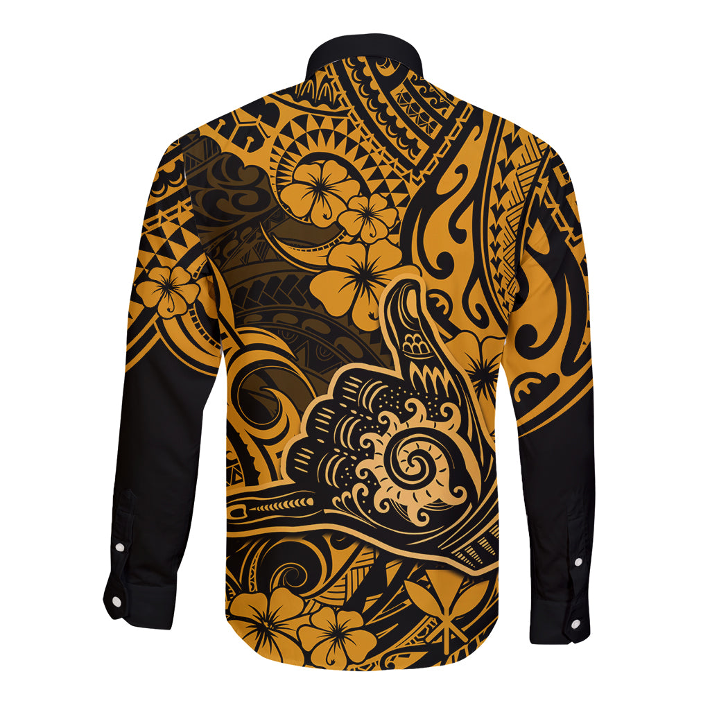 Hawaii Shaka Sign Long Sleeve Button Shirt With Polynesian Hibiscus Gold Unique - Wonder Print Shop