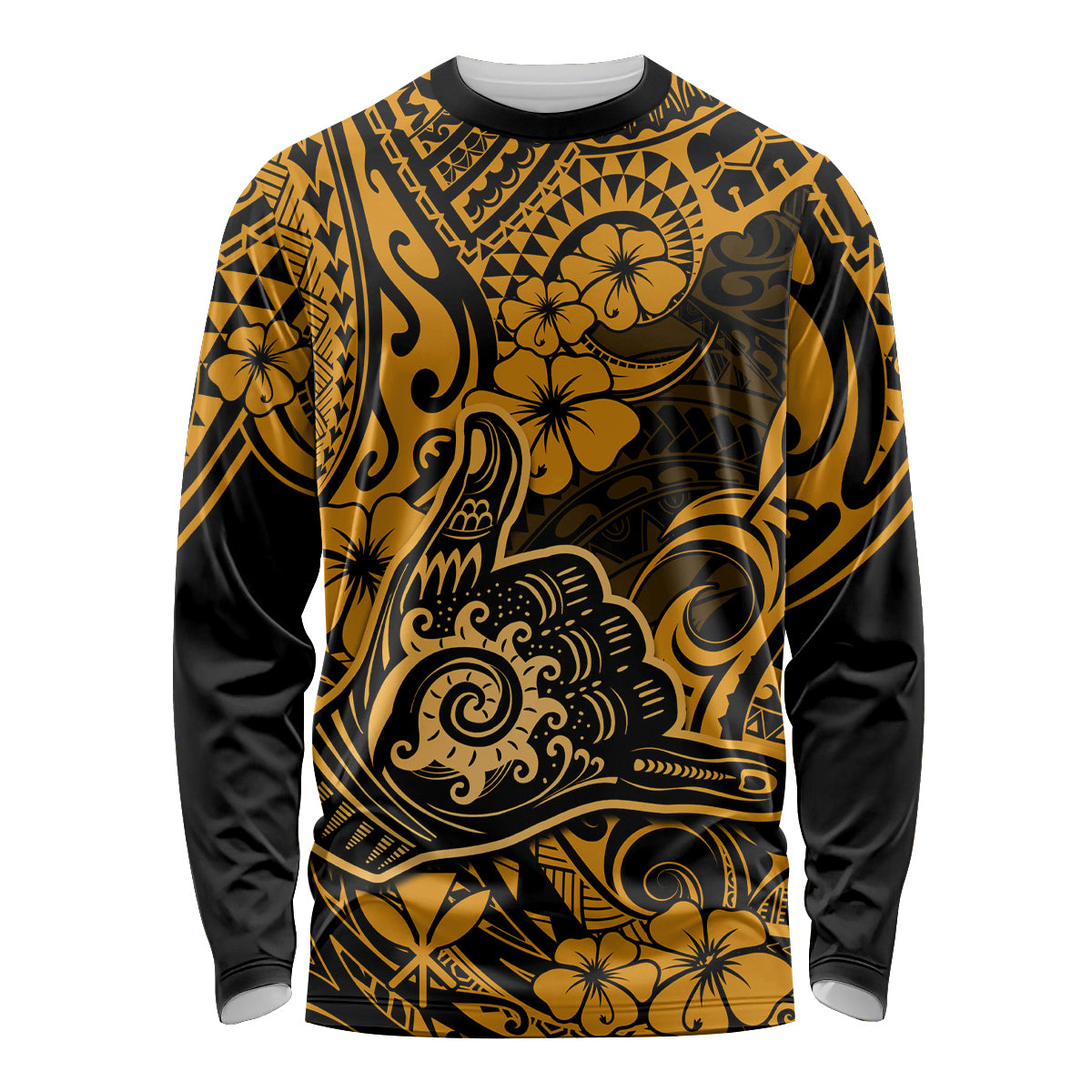 Hawaii Shaka Sign Long Sleeve Shirt With Polynesian Hibiscus Gold Unique - Wonder Print Shop