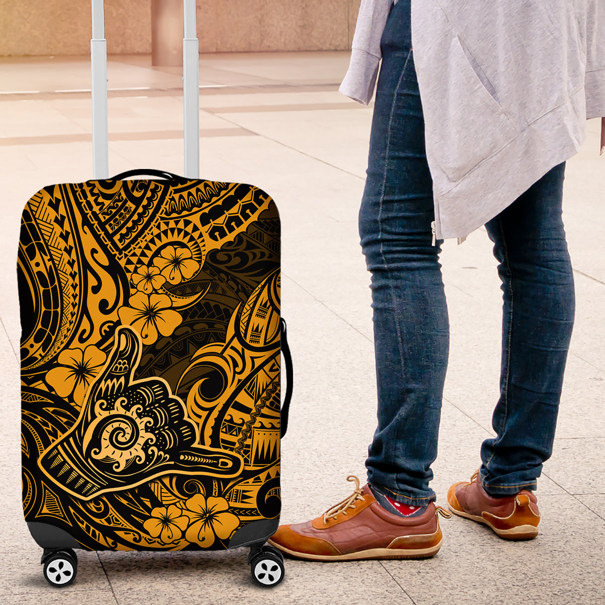 Hawaii Shaka Sign Luggage Cover With Polynesian Hibiscus Gold Unique - Wonder Print Shop