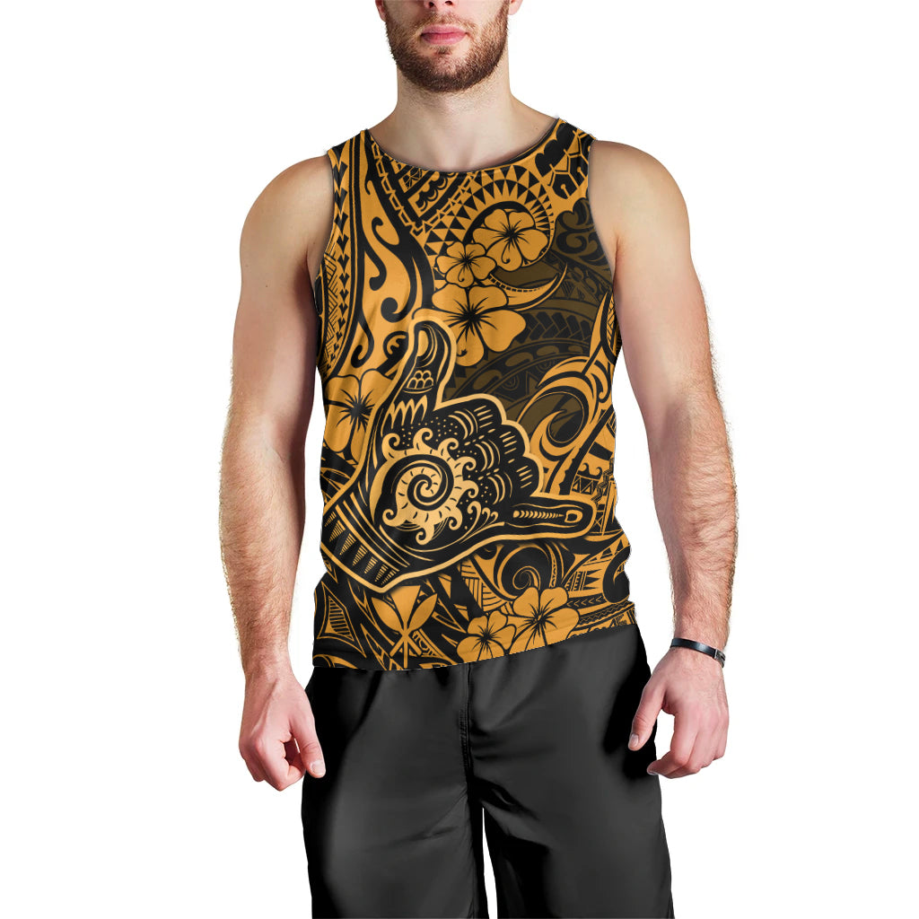 Hawaii Shaka Sign Men Tank Top With Polynesian Hibiscus Gold Unique - Wonder Print Shop