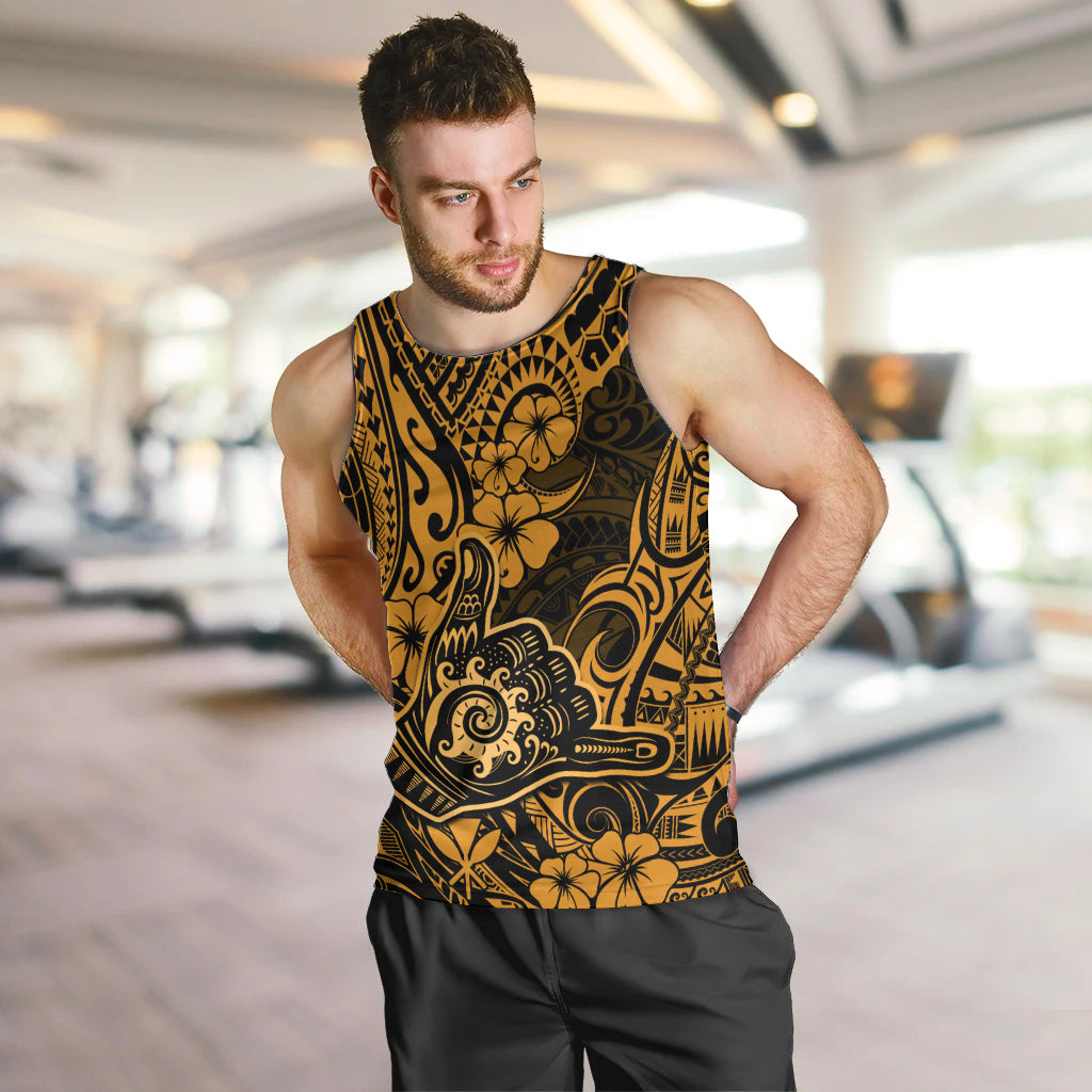Hawaii Shaka Sign Men Tank Top With Polynesian Hibiscus Gold Unique - Wonder Print Shop