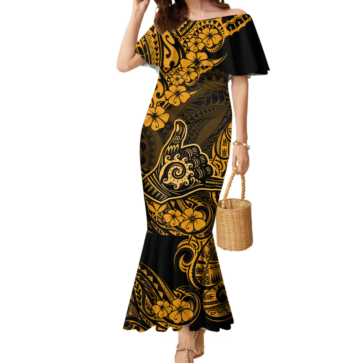 Hawaii Shaka Sign Mermaid Dress With Polynesian Hibiscus Gold Unique - Wonder Print Shop
