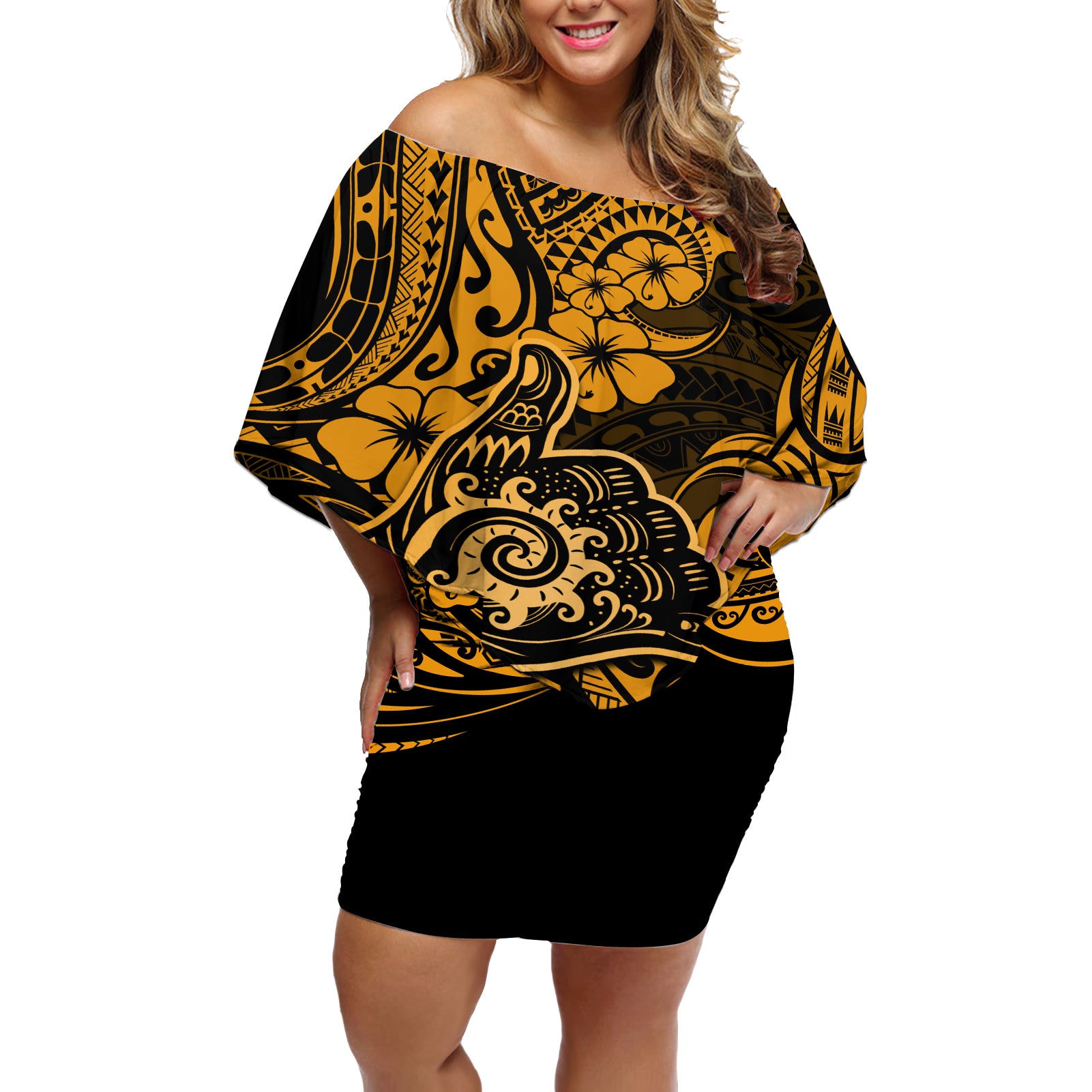Hawaii Shaka Sign Off Shoulder Short Dress With Polynesian Hibiscus Gold Unique - Wonder Print Shop