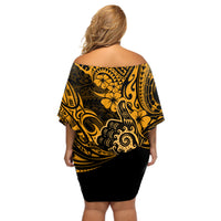 Hawaii Shaka Sign Off Shoulder Short Dress With Polynesian Hibiscus Gold Unique - Wonder Print Shop