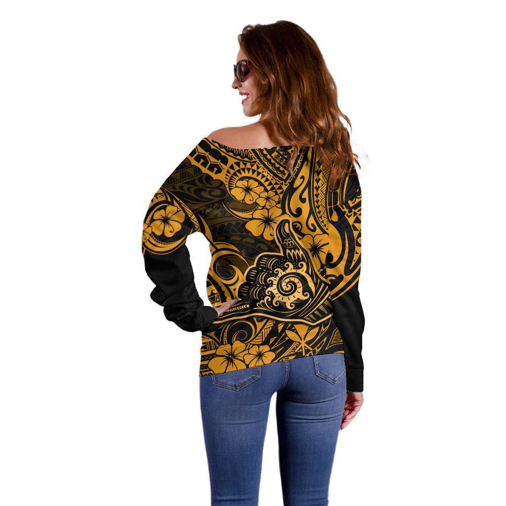 Hawaii Shaka Sign Off Shoulder Sweater With Polynesian Hibiscus Gold Unique - Wonder Print Shop