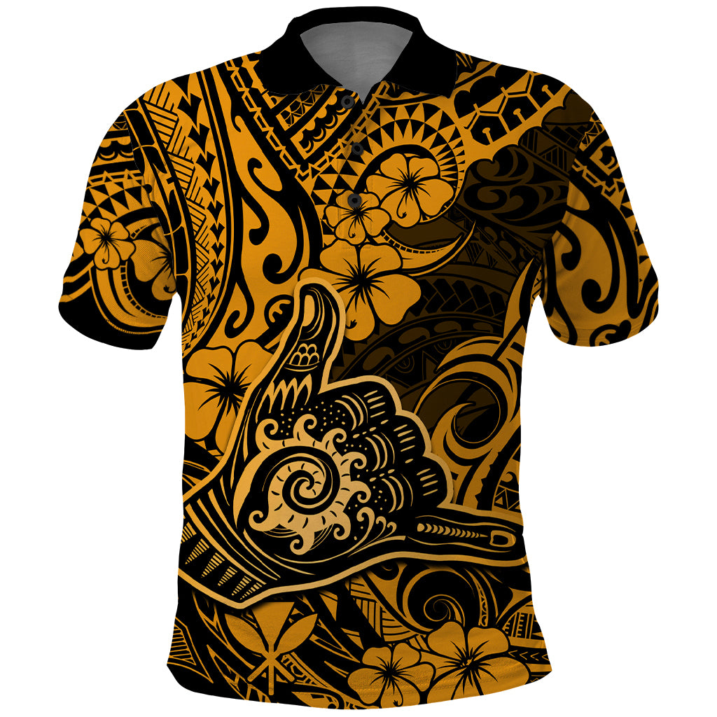 Hawaii Shaka Sign Polo Shirt With Polynesian Hibiscus Gold Unique - Wonder Print Shop
