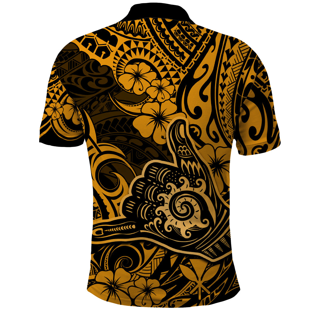 Hawaii Shaka Sign Polo Shirt With Polynesian Hibiscus Gold Unique - Wonder Print Shop