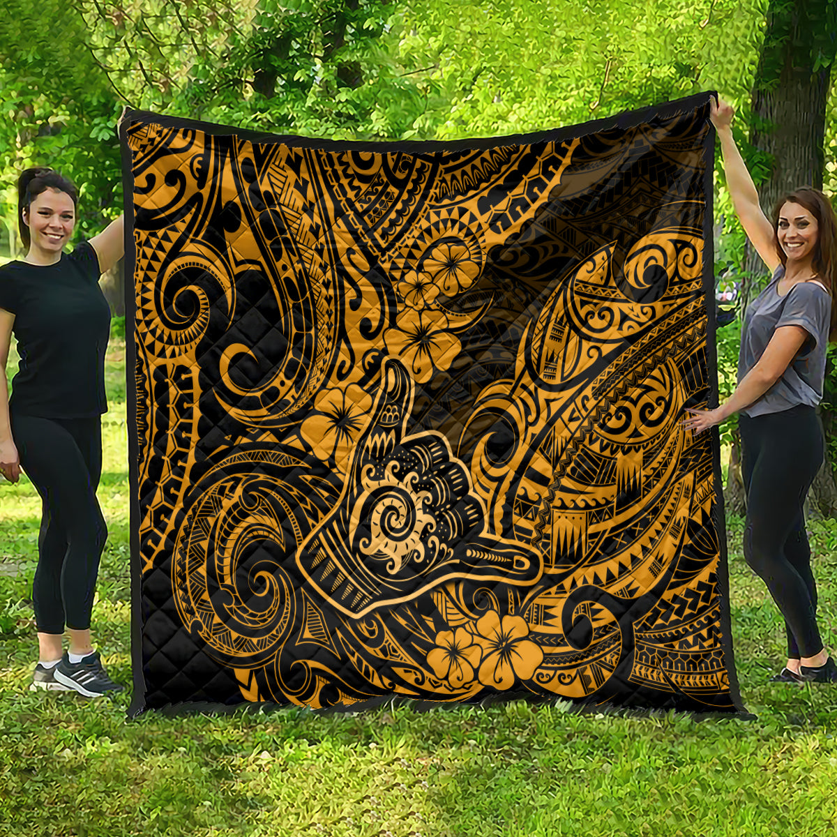 Hawaii Shaka Sign Quilt With Polynesian Hibiscus Gold Unique - Wonder Print Shop