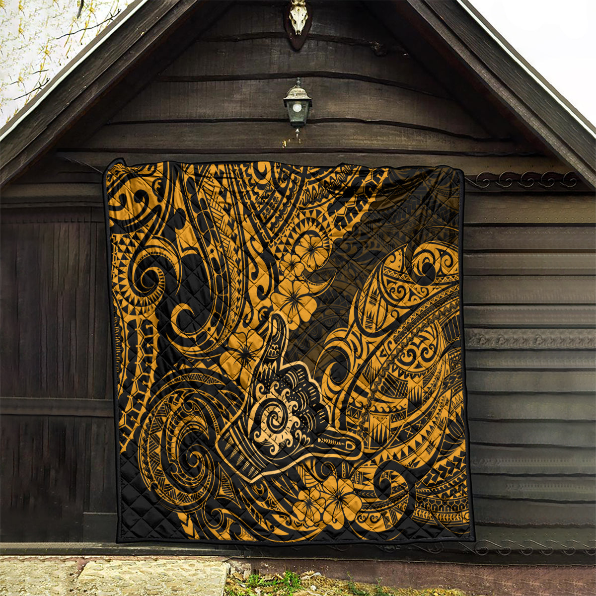 Hawaii Shaka Sign Quilt With Polynesian Hibiscus Gold Unique - Wonder Print Shop