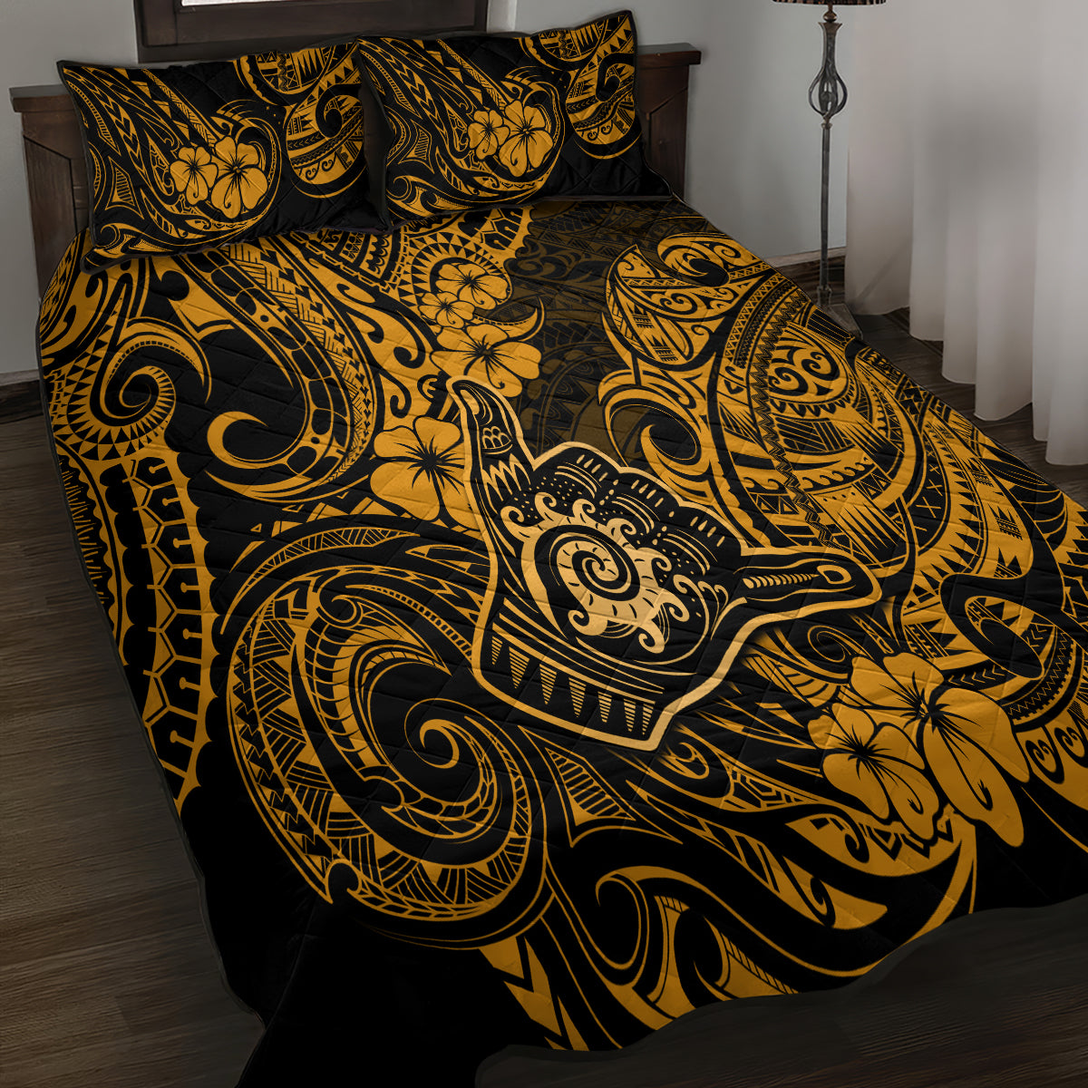 Hawaii Shaka Sign Quilt Bed Set With Polynesian Hibiscus Gold Unique - Wonder Print Shop