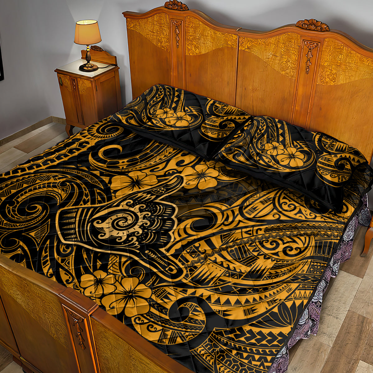 Hawaii Shaka Sign Quilt Bed Set With Polynesian Hibiscus Gold Unique - Wonder Print Shop