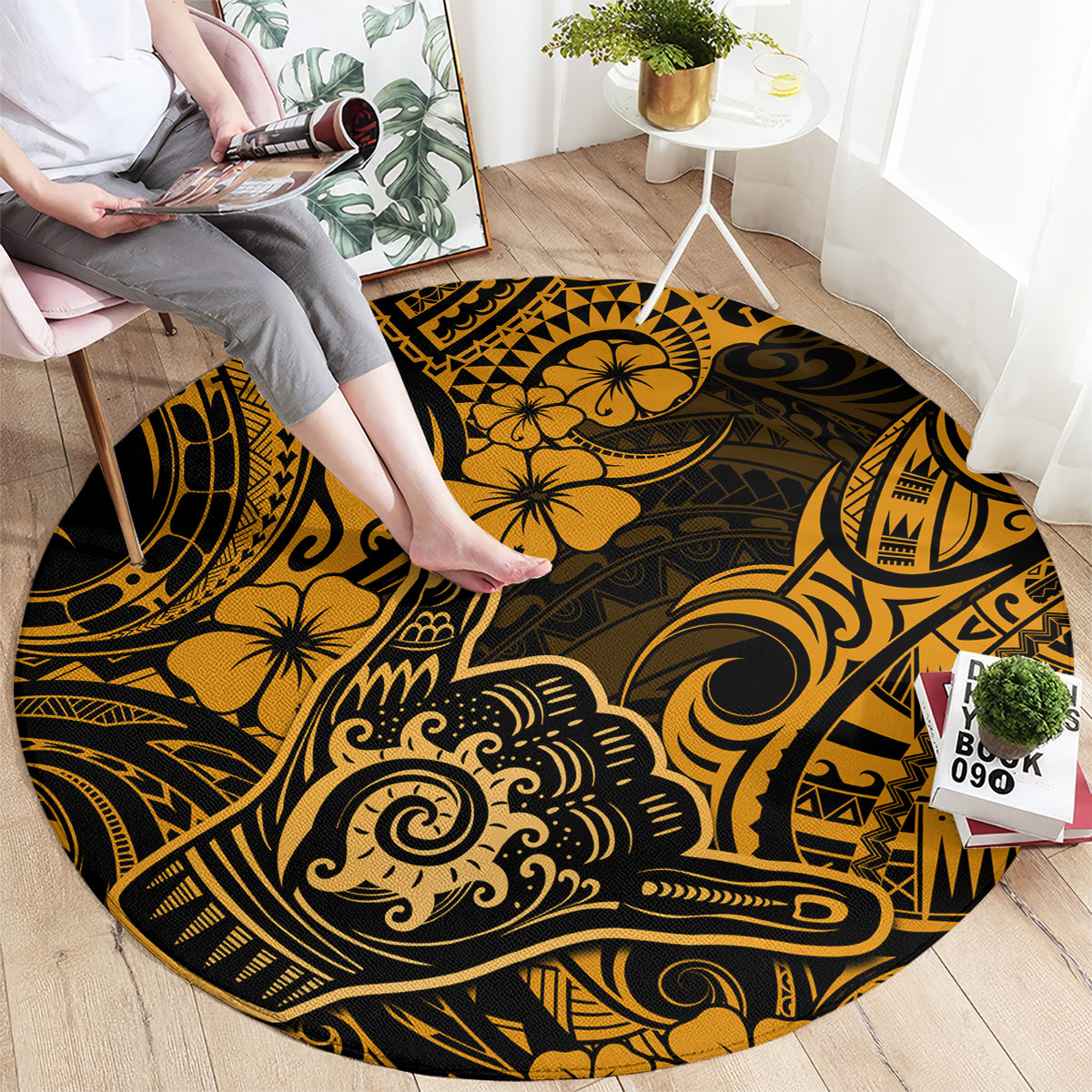 hawaii-shaka-sign-round-carpet-with-polynesian-hibiscus-gold-unique
