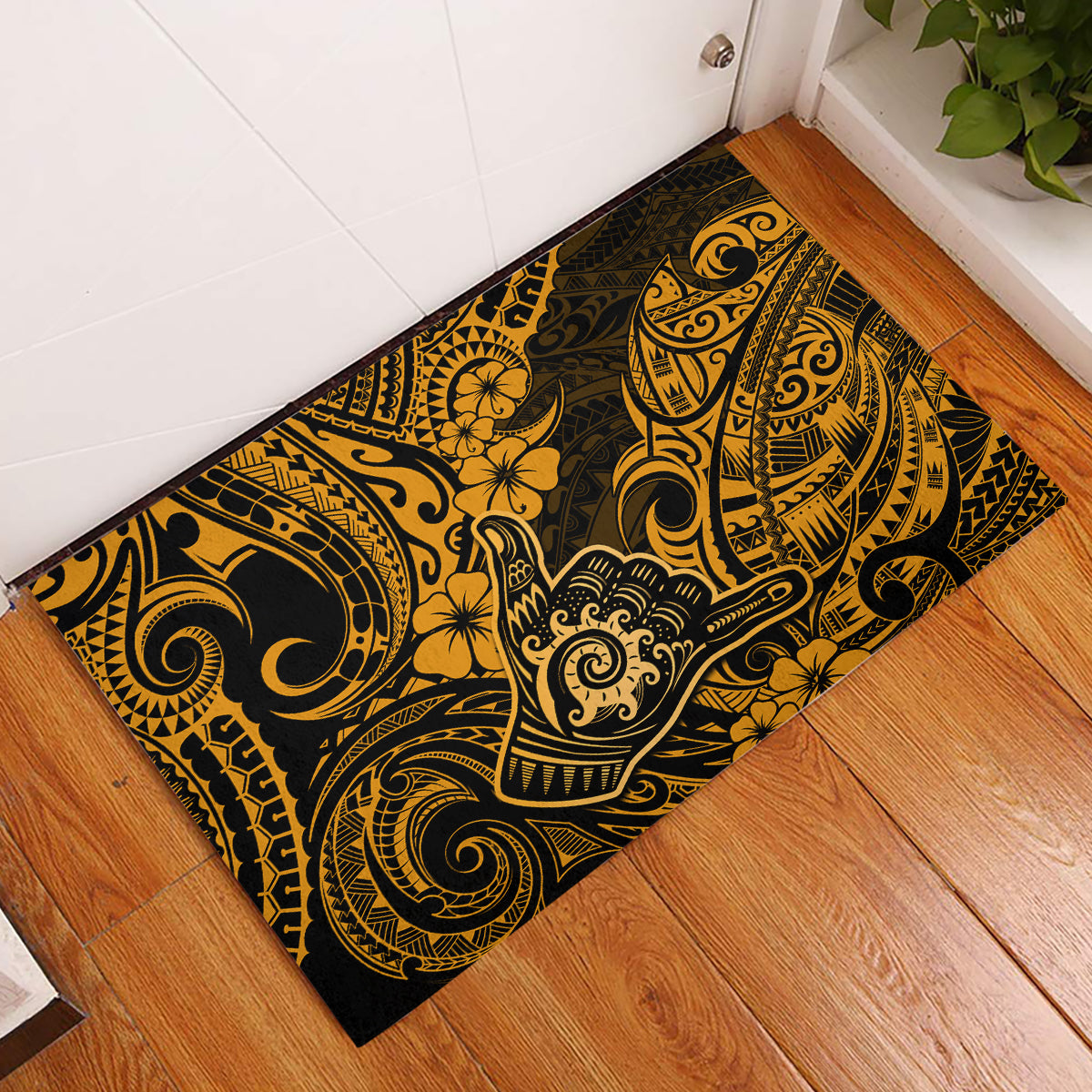 Hawaii Shaka Sign Rubber Doormat With Polynesian Hibiscus Gold Unique - Wonder Print Shop