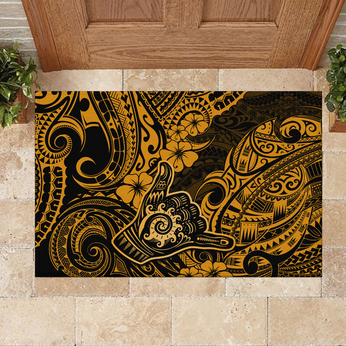 Hawaii Shaka Sign Rubber Doormat With Polynesian Hibiscus Gold Unique - Wonder Print Shop