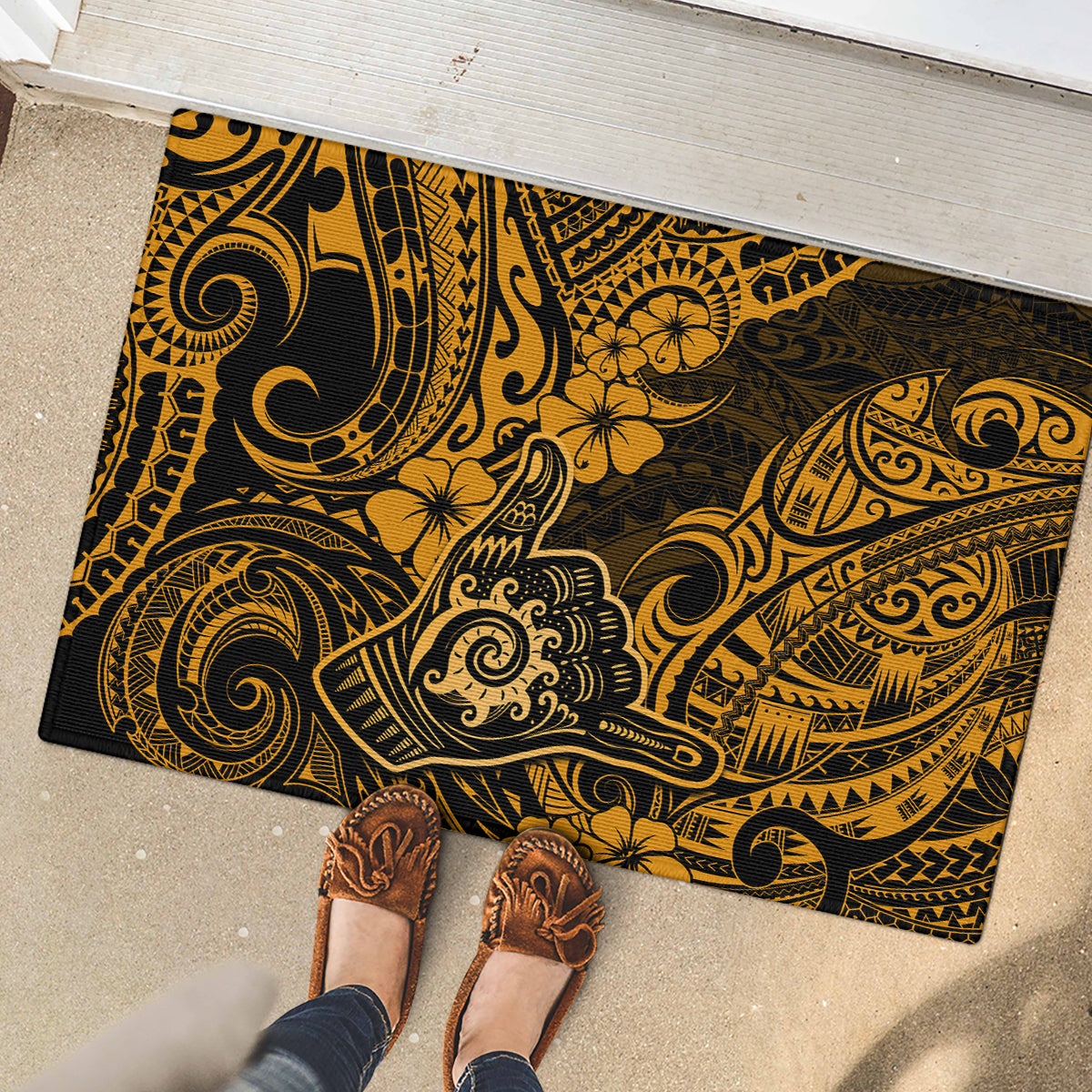 Hawaii Shaka Sign Rubber Doormat With Polynesian Hibiscus Gold Unique - Wonder Print Shop