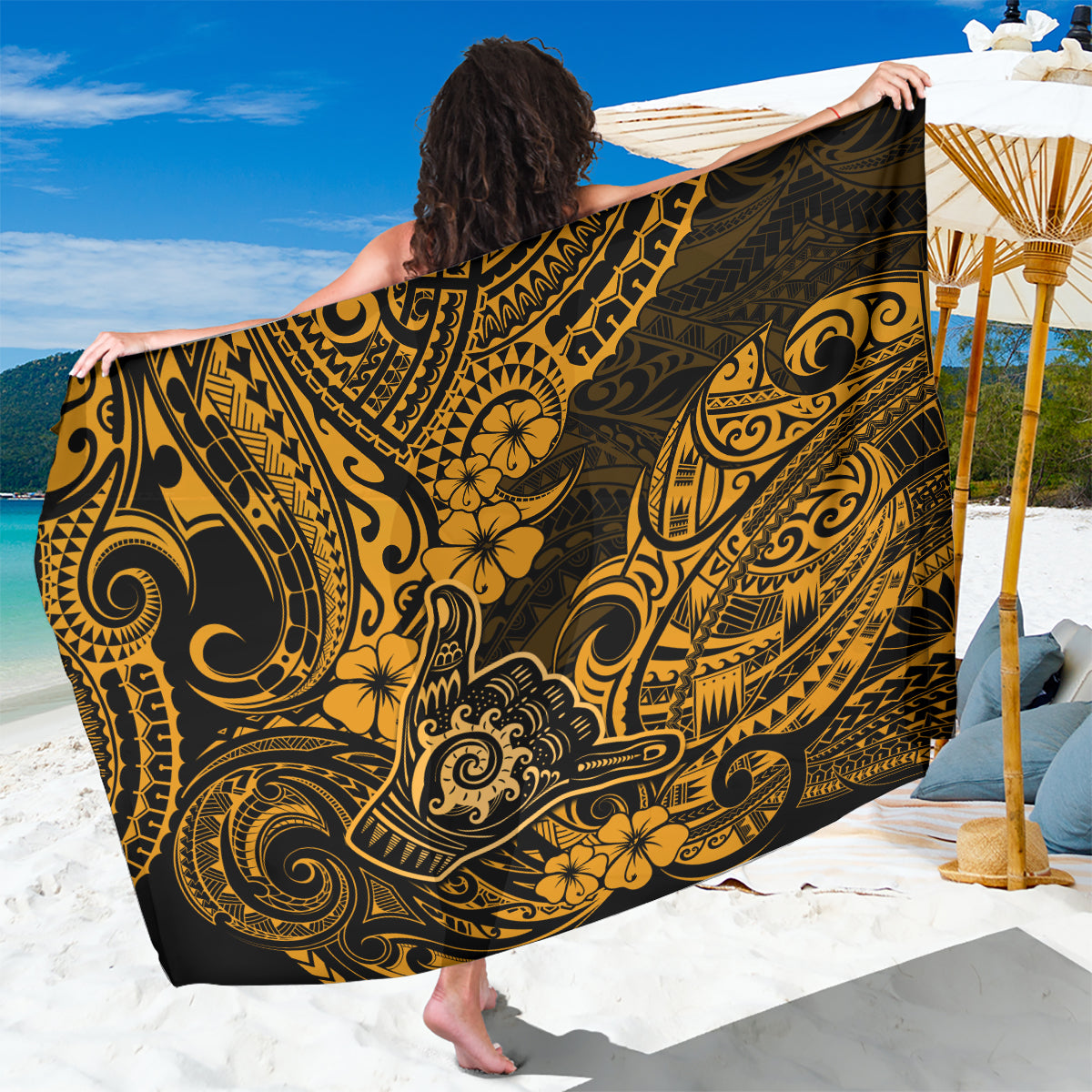 Hawaii Shaka Sign Sarong With Polynesian Hibiscus Gold Unique - Wonder Print Shop