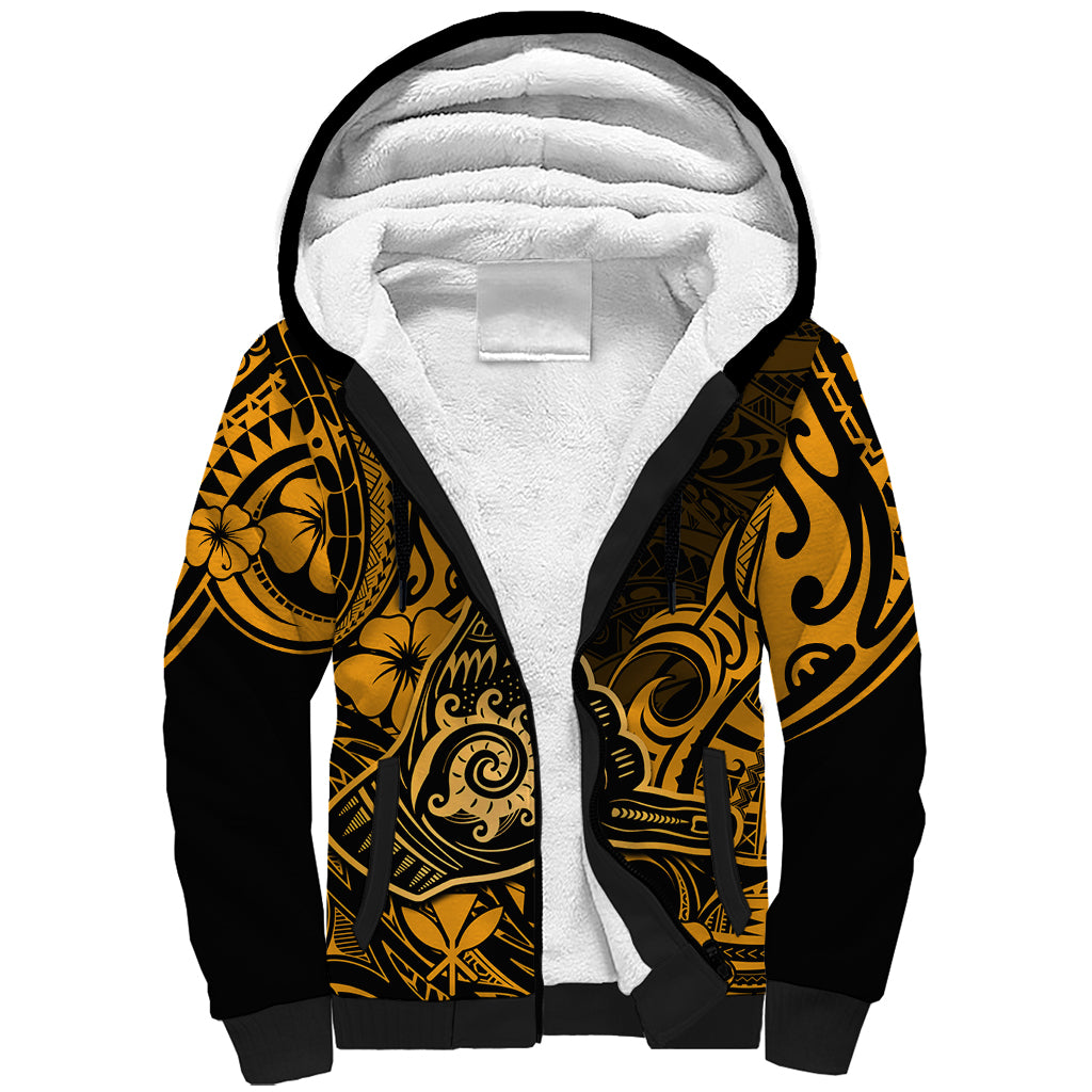 Hawaii Shaka Sign Sherpa Hoodie With Polynesian Hibiscus Gold Unique - Wonder Print Shop