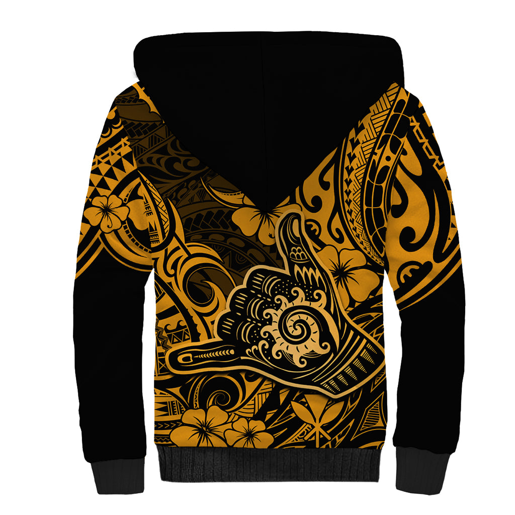 Hawaii Shaka Sign Sherpa Hoodie With Polynesian Hibiscus Gold Unique - Wonder Print Shop