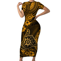 Hawaii Shaka Sign Short Sleeve Bodycon Dress With Polynesian Hibiscus Gold Unique - Wonder Print Shop