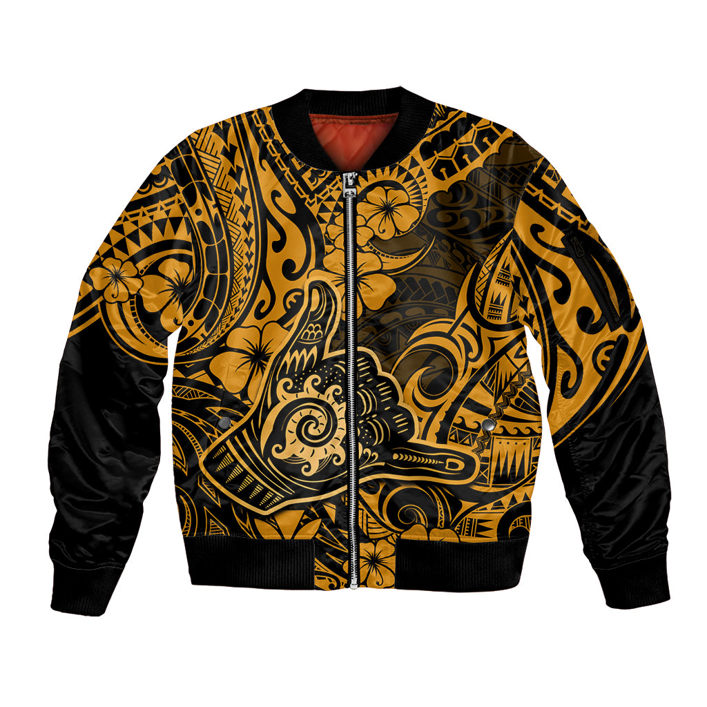 Hawaii Shaka Sign Sleeve Zip Bomber Jacket With Polynesian Hibiscus Gold Unique - Wonder Print Shop
