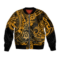 Hawaii Shaka Sign Sleeve Zip Bomber Jacket With Polynesian Hibiscus Gold Unique - Wonder Print Shop