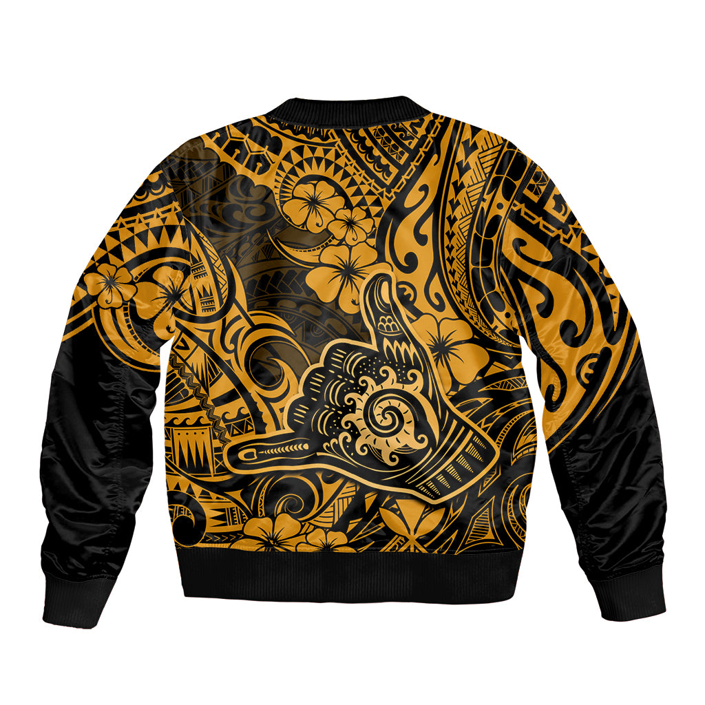 Hawaii Shaka Sign Sleeve Zip Bomber Jacket With Polynesian Hibiscus Gold Unique - Wonder Print Shop