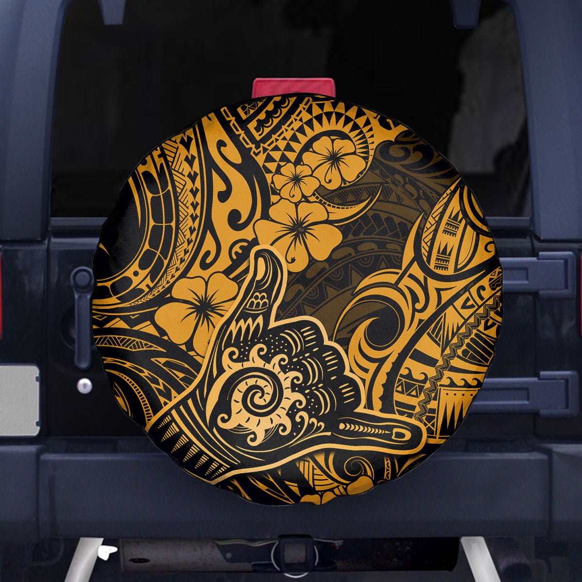 Hawaii Shaka Sign Spare Tire Cover With Polynesian Hibiscus Gold Unique - Wonder Print Shop