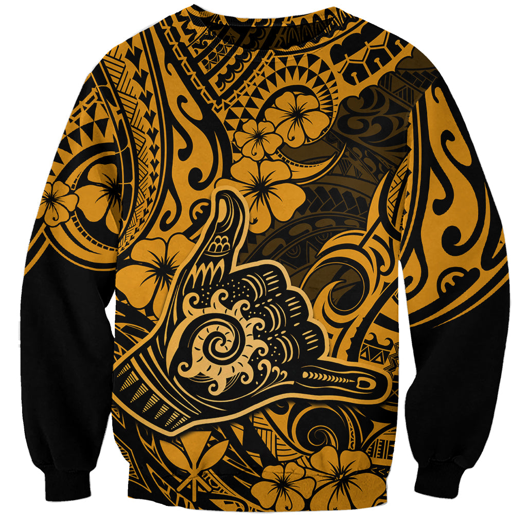 Hawaii Shaka Sign Sweatshirt With Polynesian Hibiscus Gold Unique - Wonder Print Shop