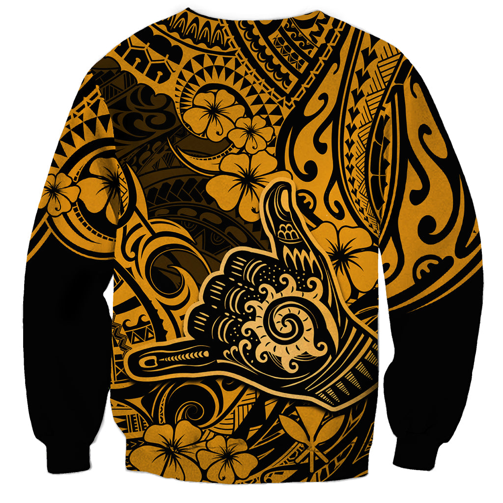 Hawaii Shaka Sign Sweatshirt With Polynesian Hibiscus Gold Unique - Wonder Print Shop