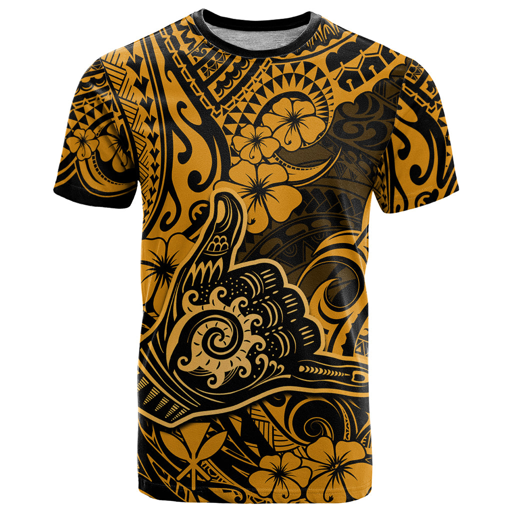 Hawaii Shaka Sign T Shirt With Polynesian Hibiscus Gold Unique - Wonder Print Shop