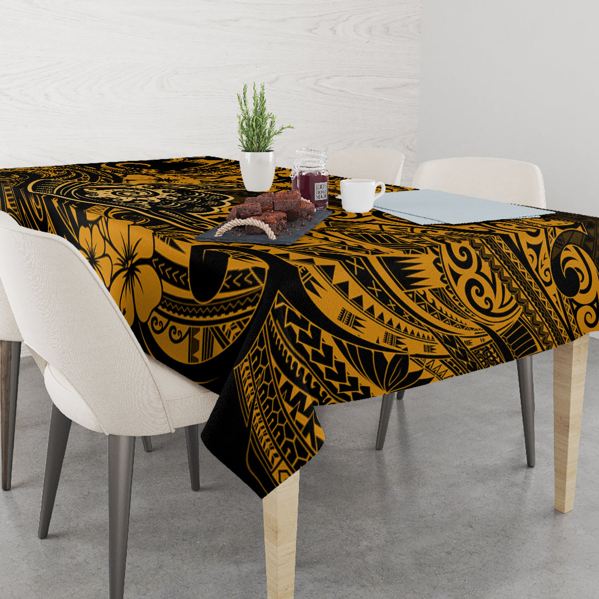 Hawaii Shaka Sign Tablecloth With Polynesian Hibiscus Gold Unique - Wonder Print Shop