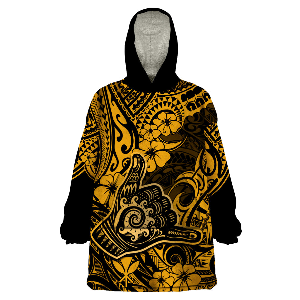 Hawaii Shaka Sign Wearable Blanket Hoodie With Polynesian Hibiscus Gold Unique - Wonder Print Shop
