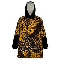 Hawaii Shaka Sign Wearable Blanket Hoodie With Polynesian Hibiscus Gold Unique - Wonder Print Shop
