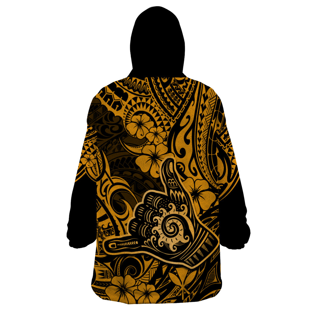 Hawaii Shaka Sign Wearable Blanket Hoodie With Polynesian Hibiscus Gold Unique - Wonder Print Shop