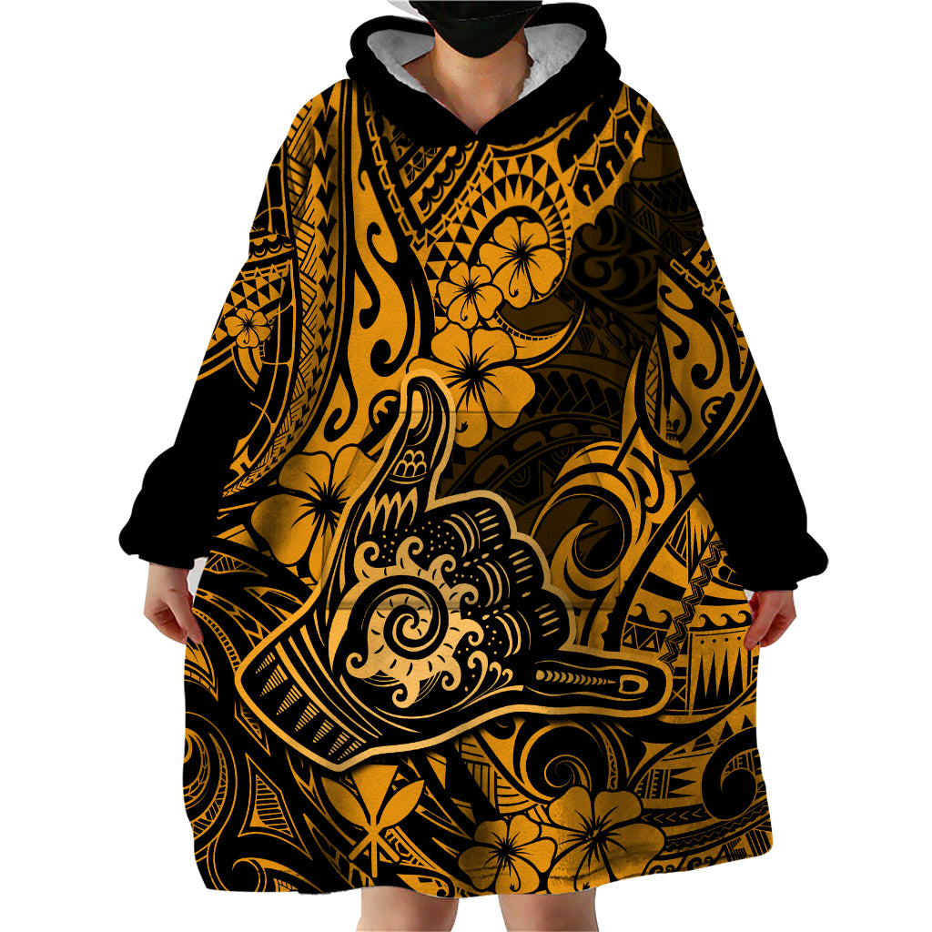 Hawaii Shaka Sign Wearable Blanket Hoodie With Polynesian Hibiscus Gold Unique - Wonder Print Shop