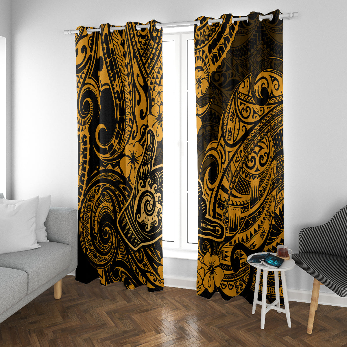 Hawaii Shaka Sign Window Curtain With Polynesian Hibiscus Gold Unique - Wonder Print Shop
