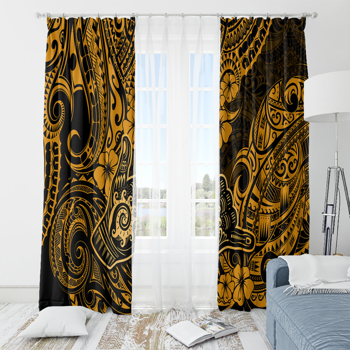 Hawaii Shaka Sign Window Curtain With Polynesian Hibiscus Gold Unique - Wonder Print Shop