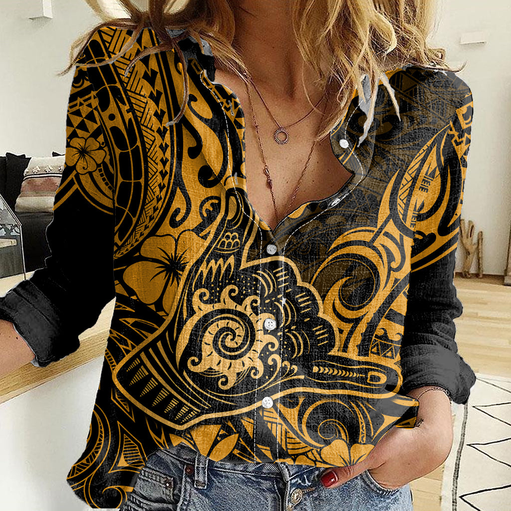 Hawaii Shaka Sign Women Casual Shirt With Polynesian Hibiscus Gold Unique - Wonder Print Shop