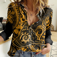 Hawaii Shaka Sign Women Casual Shirt With Polynesian Hibiscus Gold Unique - Wonder Print Shop