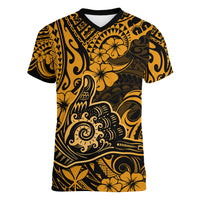 Hawaii Shaka Sign Women V Neck T Shirt With Polynesian Hibiscus Gold Unique - Wonder Print Shop